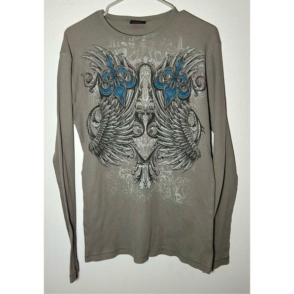 MMA Elite Other - MMA Elite Y2K Long Sleeve Thermal Waffle Shirt Gray Angel Wings Affliction Sz L